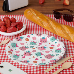 Cute Cats Flowers Hearts Paper Plate