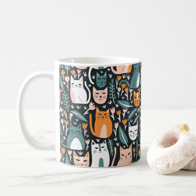 Cute Cats Fun Floral Kitten Pattern  Coffee Mug (With Donut)