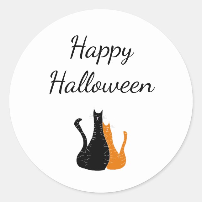 Cute Cats Happy Halloween Black Orange  Classic Round Sticker (Front)