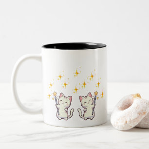 Cute Cats Holding Magic Wand Stars Two-Tone Coffee Mug