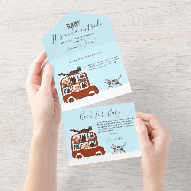 Cute Cats in car Winter Cold Baby Shower  All In One Invitation (Tearaway)