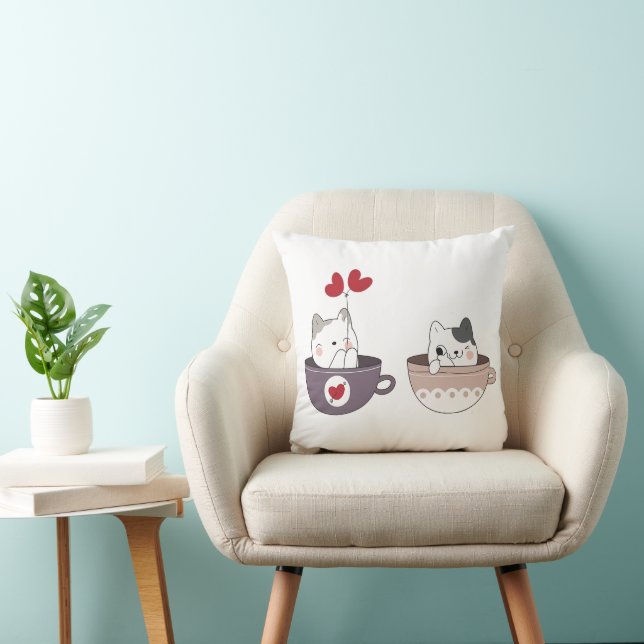 Cute Cats in Cups with Heart Balloons Throw Pillow (Chair)