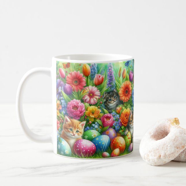 Cute Cats in Flower Garden Easter  Coffee Mug (With Donut)