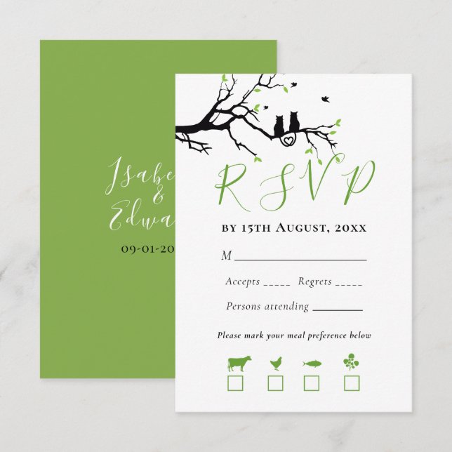 Cute Cats In Love Black Tree Heart Birds Wedding  RSVP Card (Front/Back)