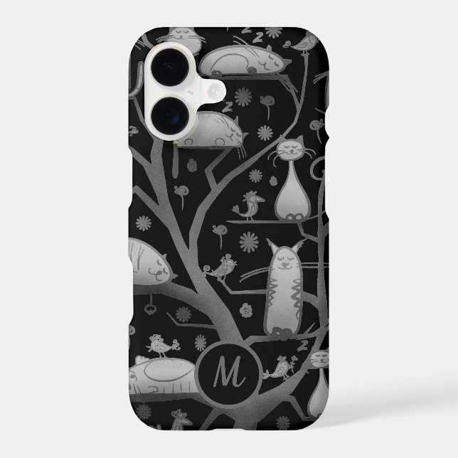Cute Cats in Tree Grey Art Monogram (Verso)