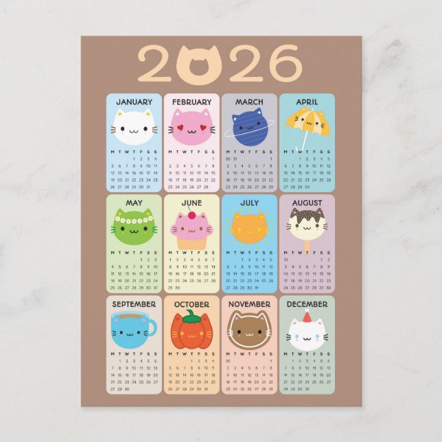 Cute Cats & Kawaii Kittens 2026 Calendar Postcard (Front)