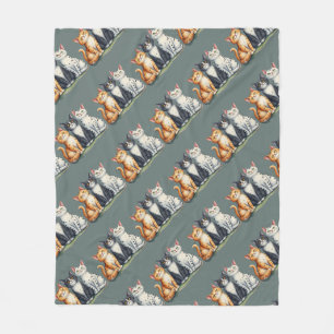 Cute Cats Kittens Looking Happy Grey Green Fleece Blanket