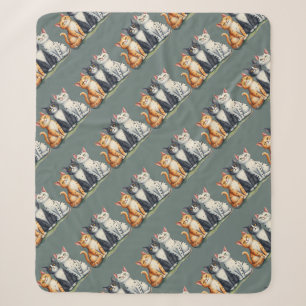 Cute Cats Kittens Looking Happy Grey Green Sherpa Blanket