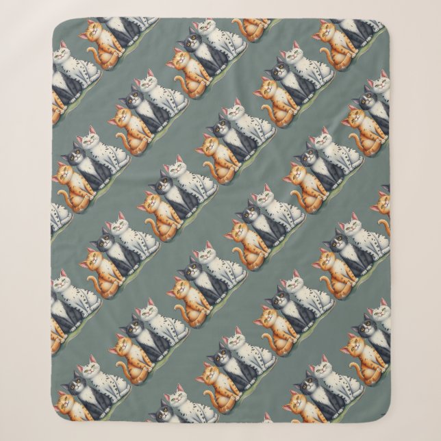 Cute Cats Kittens Looking Happy Grey Green Sherpa Blanket (Front)
