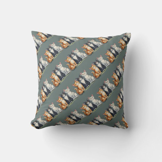 Cute Cats Kittens Looking Happy Grey  Throw Pillow (Front)