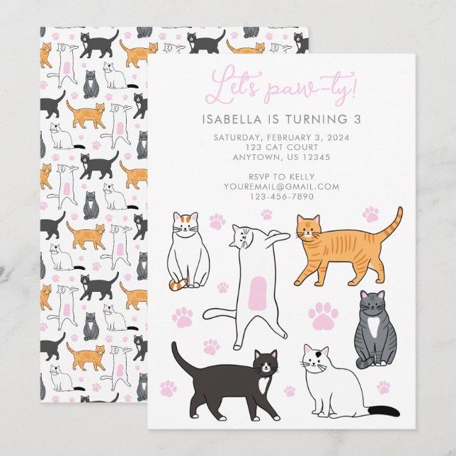 Cute Cats Let's Pawty Kids Birthday Invitation (Front/Back)
