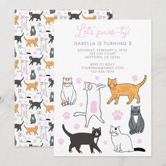 Cute Cats Let's Pawty Kids Birthday Invitation