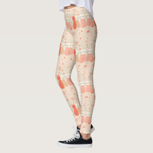 Cute Cats Love Valentine Hearts Pattern Coral Pink Leggings