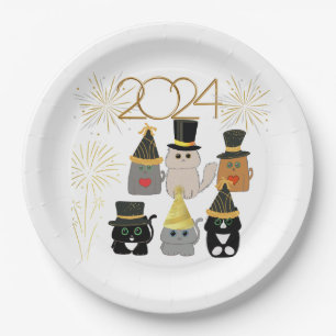 Cute Cats New Years Celebration Paper Plate