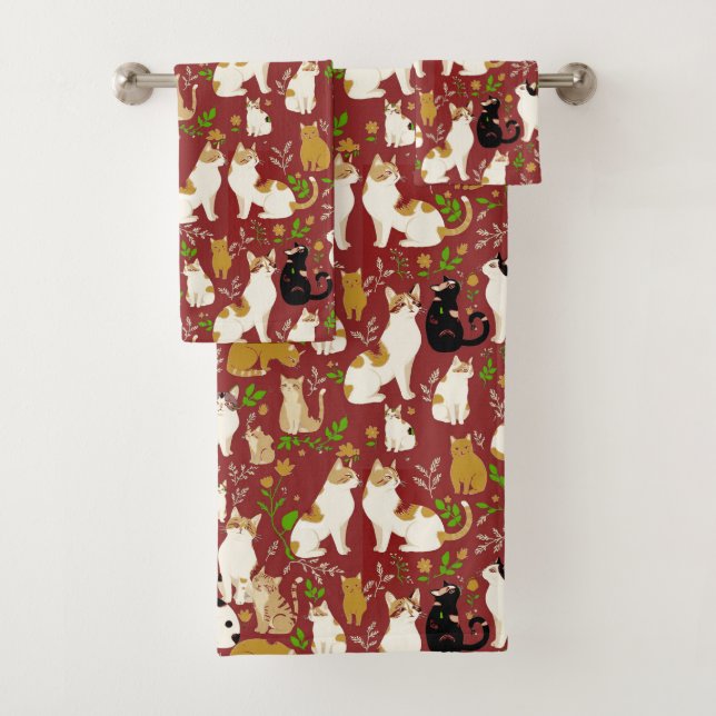 Cute Cats on a Burgundy Background Bath Towel Set (Insitu)