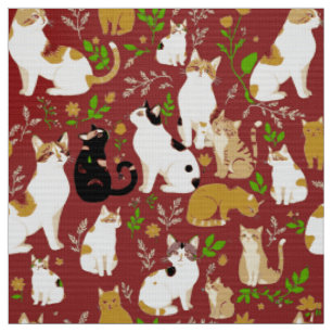 Cute Cats on a Burgundy Background Fabric