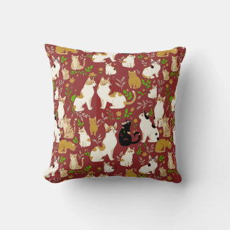 Cute Cats on a Burgundy Background Throw Pillow