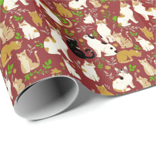 Cute Cats on a Burgundy Background Wrapping Paper
