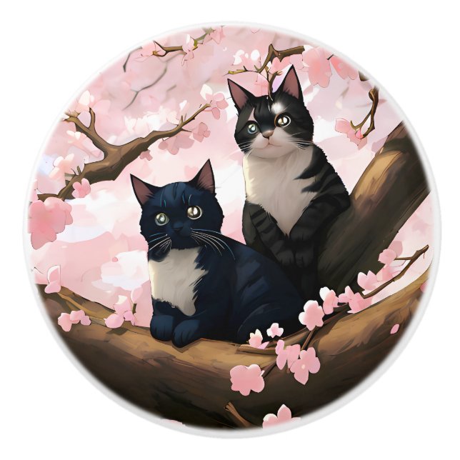 Cute Cats On A Cherry Blossom Tree Ceramic Knob (Front)