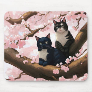 Cute Cats On A Cherry Blossom Tree Mouse Pad