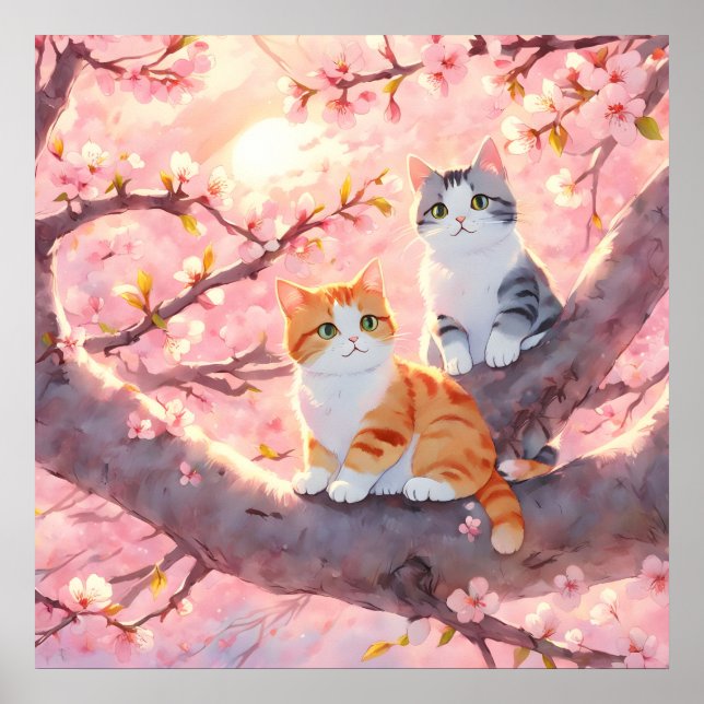 Cute Cats On A Cherry Blossom Tree Poster (Front)
