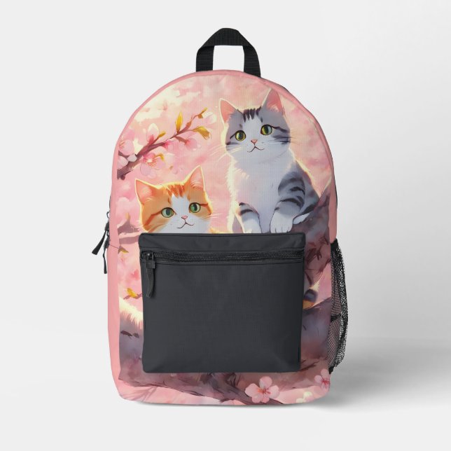 Cute Cats On A Cherry Blossom Tree Printed Backpack (Front)