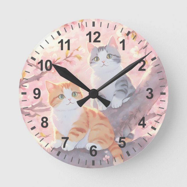 Cute Cats On A Cherry Blossom Tree Round Clock (Front)