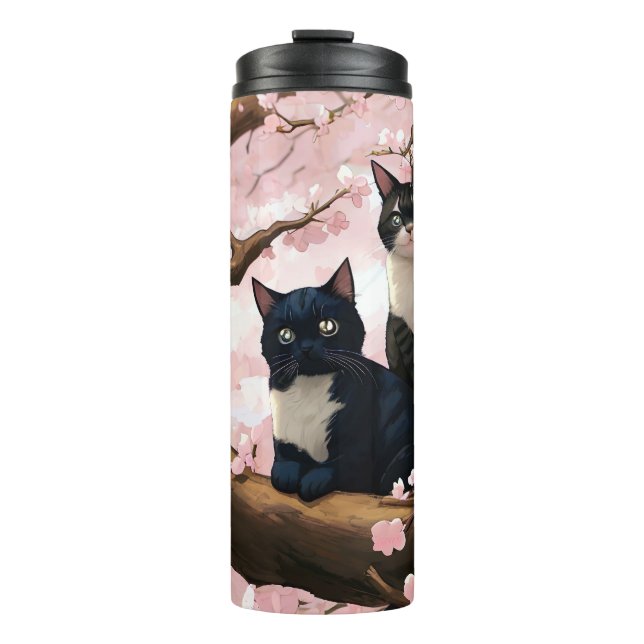 Cute Cats On A Cherry Blossom Tree Thermal Tumbler (Front)