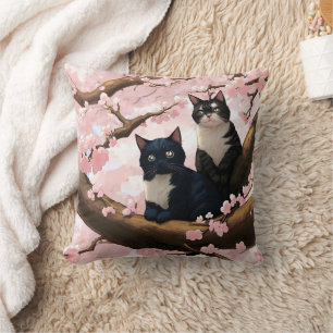 Cute Cats On A Cherry Blossom Tree Throw Pillow
