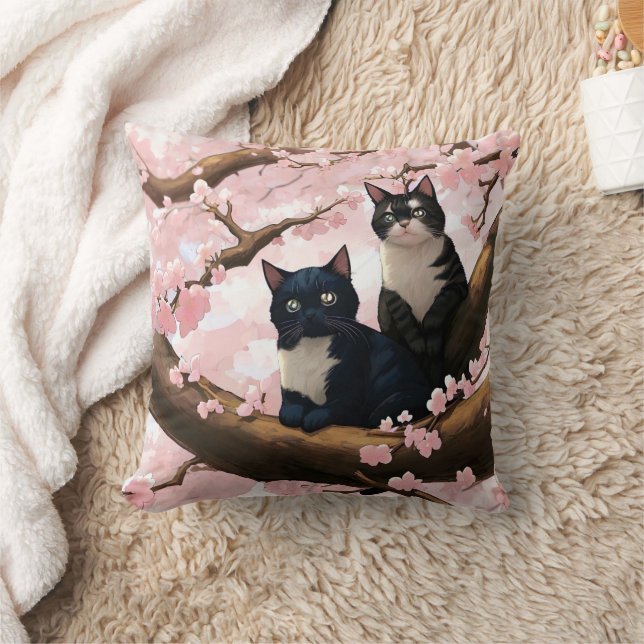 Cute Cats On A Cherry Blossom Tree Throw Pillow (Blanket)