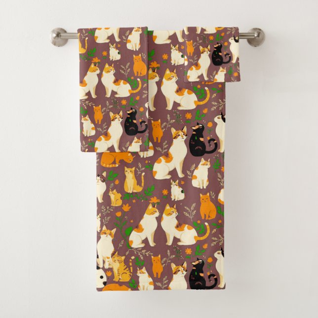 Cute Cats on a Coffee Brown Background Bath Towel Set (Insitu)