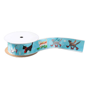 Cute Cats on Ice Skates Aqua Holiday Satin Ribbon