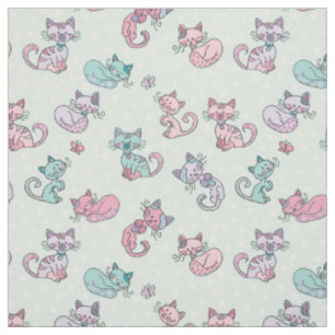 Cute Cats Pastel Teal Pink Purple Polka Dot Fabric