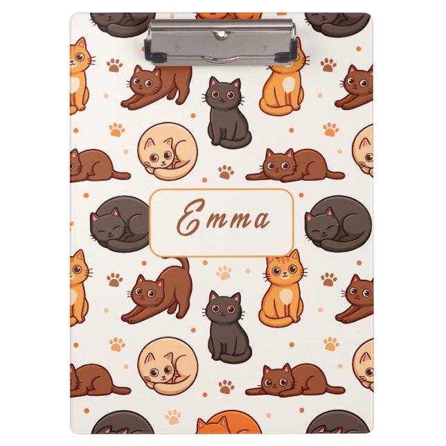 Cute Cats Pattern Custom Monogram Name Kids Clipboard (Front)