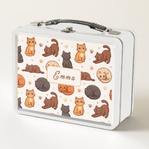 Cute Cats Pattern Custom Monogram Name Kids  Metal Lunch Box