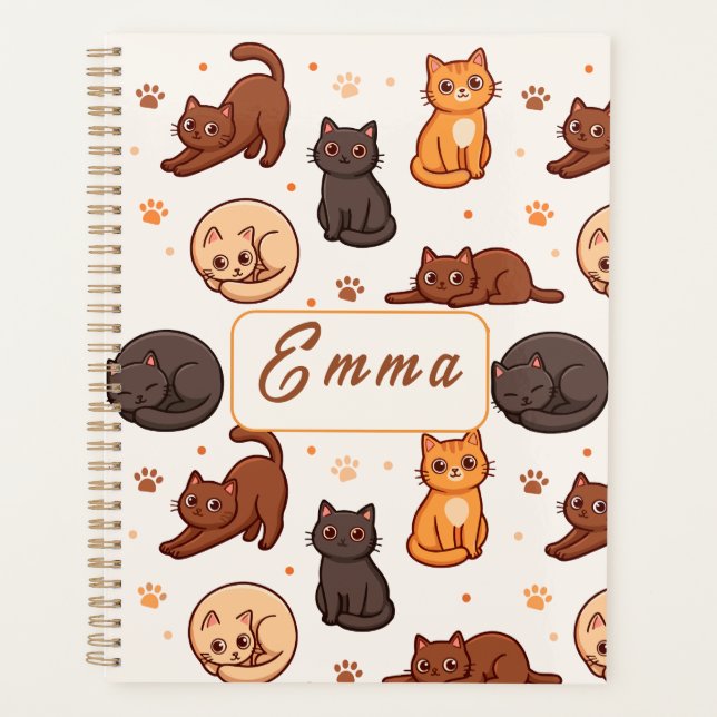 Cute Cats Pattern Custom Monogram Name Kids Planner (Front)