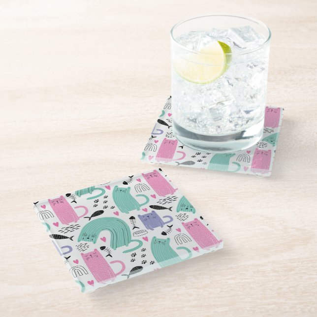 Cute Cats Pattern Glass Coaster (Angled)