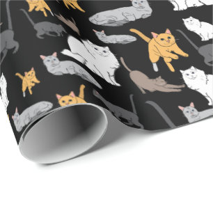 Cute Cats Pattern Illustration on Black Background Wrapping Paper