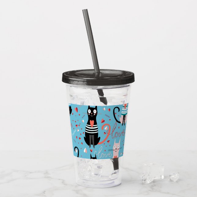 Cute cats pattern on a blue background acrylic tumbler (Front Ice)