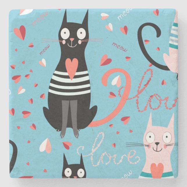 Cute cats pattern on a blue background stone coaster (Front)