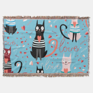 Cute cats pattern on a blue background throw blanket