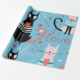 Cute cats pattern on a blue background wrapping paper