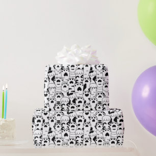 Cute Cats Paws Pattern Black White Wrapping Paper