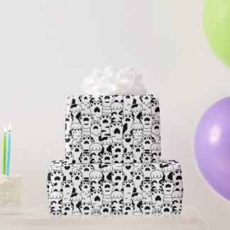Cute Cats Paws Pattern Black White  Wrapping Paper