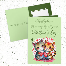 Cute cats personalized name green Valentine's Day Card