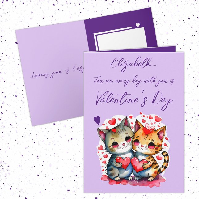 Cute cats personalized name purple Valentine's Day Card (Creator Uploaded)