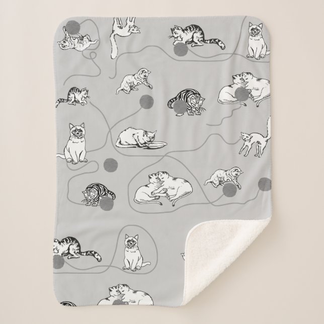 Cute Cats Playing & Being Naughty Pattern Sherpa Blanket (Front)