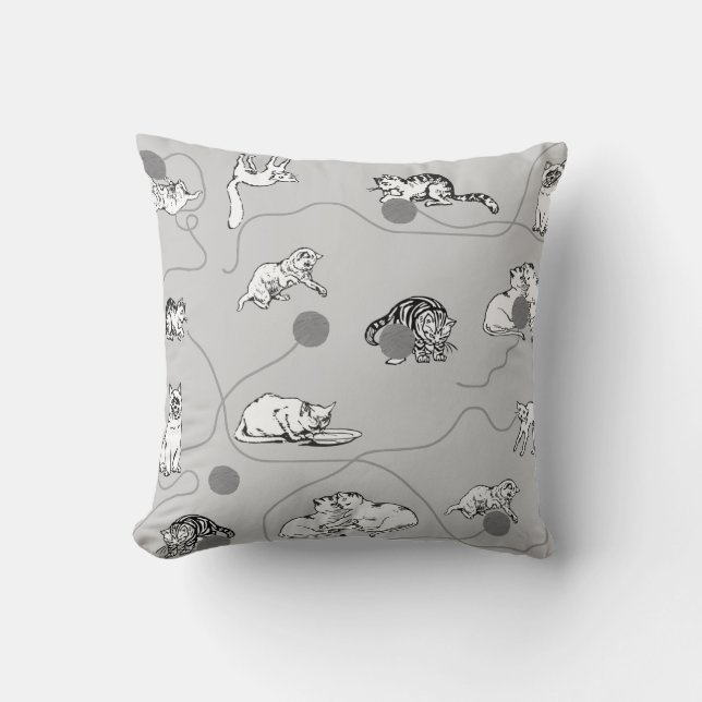 Cute Cats Playing & Being Naughty Pattern Throw Pillow (Front)