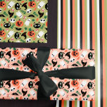 Cute Cats & Pumpkins Mixed Halloween Patterns Wrapping Paper Sheet<br><div class="desc">A set of wrapping paper sheets for Halloween featuring three cute patterns: one with cats,  pumpkins,  skulls,  bats,  toadstools,  witch hats,  and leaves against a blush background; the same pattern against an olive green background; and one sheet with matching stripes.</div>
