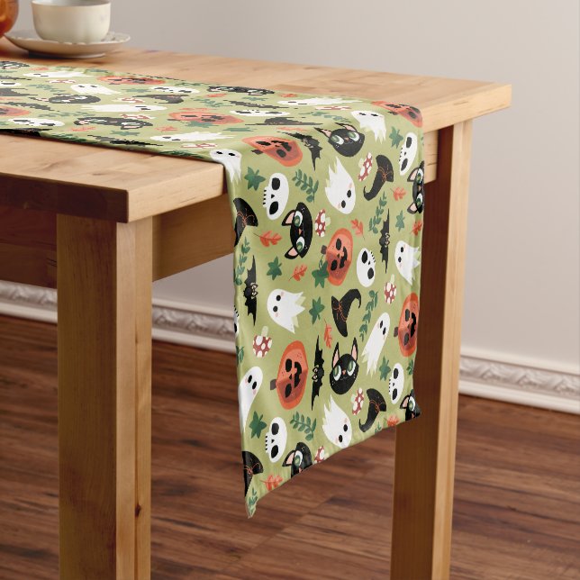 Cute Cats & Pumpkins Olive Black Halloween Pattern Short Table Runner (In Situ)